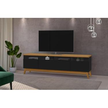 Imagem de Rack ABS 2.18m Estilo Retrô Com Pés em Madeira e Puxadores em Couro Para TV Até 75'' Com Nichos Para Aparelhos TV Até 75'' Cor Nature/Preto