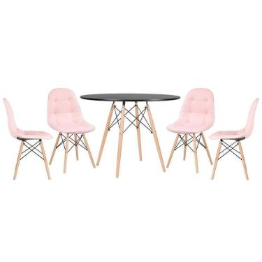 Imagem de Mesa Redonda Eames 100 Cm Preto + 4 Cadeiras Estofadas Eiffel Botonê Rosa Claro Rosa Claro