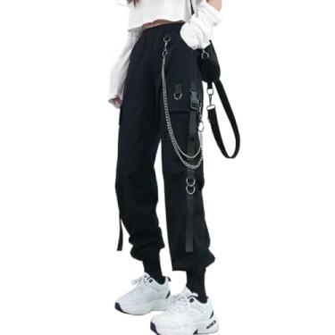 Imagem de Calças de perna larga para mulheres moda cordão carga calças cor sólida feminina fina cintura alta solta calças casuais plus size calças para o trabalho (Preto, M)