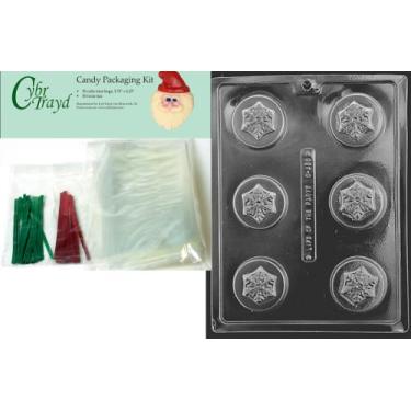 Imagem de Cybrtrayd Molde de chocolate de Natal com molde de biscoito de floco de neve com kit de embalagem de chocolate e instruções de moldagem, inclui 50 sacos de violoncelo, 25 laços vermelhos e 25 verdes