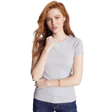 Imagem de Tommy Hilfiger Camiseta feminina de algodão de desempenho – Camisetas estampadas leves, Cinza fumê mesclado., GG