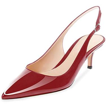 Imagem de Fericzot Sapatos femininos de salto gatinho salto fino bico fino sandália tira no tornozelo festa noite casamento stiletto sapatos, Vinho tinto - patente, 11