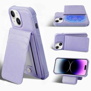 Imagem de MONASAY Capa Magwallet para iPhone 15, [Carregamento sem fio MagSafe] [Protetor de tela de vidro] Capa carteira de couro magnética flip com porta-cartão destacável com bloqueio de RFID Púrpura claro