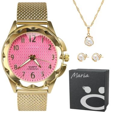 Imagem de Kit Relógio Feminino Dourado Fundo Rosa Pequeno Prova D`água Luxo Banhado + Pulseira + Colar Prata
