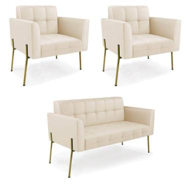 Imagem de Sofá Namoradeira e 2 Poltronas Pé de Ferro Dourado Elisa Corino Bege D03 - D`Rossi