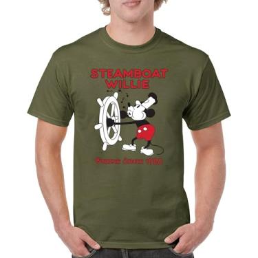 Imagem de Camiseta masculina Steamboat Willie Vibing Since 1928 icônica retrô desenho mouse atemporal clássica vintage Vibe, Verde militar, M