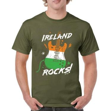 Imagem de Camiseta masculina Ireland Rocks Guitar Flag St Patrick's Day Shamrock Groove Vibe Pub Celtic Rock and Roll Clove, Verde militar, XXG