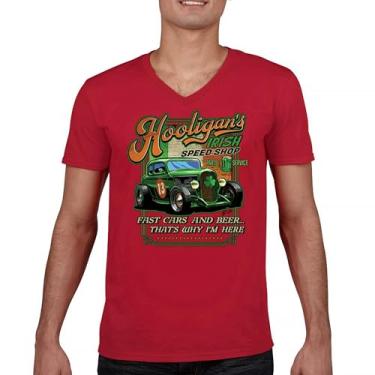 Imagem de Camiseta Hooligan's Irish Speed Shop Dia de São Patrício gola V Vintage Hot Rod Shamrock St Patty's Beer Festival, Vermelho, 3G