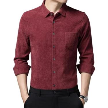 Imagem de Camisa masculina de veludo cotelê cor sólida negócios lapela manga longa camisa casual, Vermelho, PP