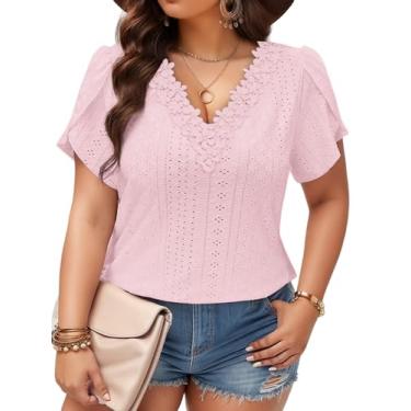 Imagem de ROSRISS Camisetas femininas plus size pétalas de verão manga curta renda floral gola V, 04_rosa claro, 4G