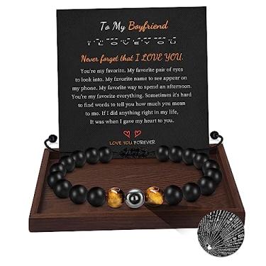 Imagem de Pulseiras de contas para homens 100 idiomas I Love You Gifts for Him Pulseiras de projeção para pai, avô, irmão, filho, marido, neto, olho de tigre, pulseira masculina, ajustável, aniversário, Natal, joia, adjustable, Pedra, Sem pedras preciosas