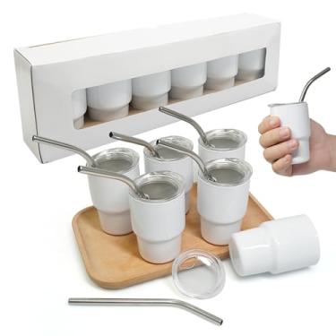 Imagem de S-SNAIL-OO Mini copo de shot com canudo, sublimação, camada dupla, metal, conjunto de copos de dose fofa, 85 g com tampas para bebidas, café, coquetéis. (6 peças P-branco)
