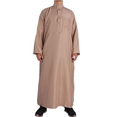 Imagem de Roupão masculino casual muçulmano suporte Thobe longo bolso sólido manga longa robe jubba robe listrado camisa social masculina, Caqui, 58