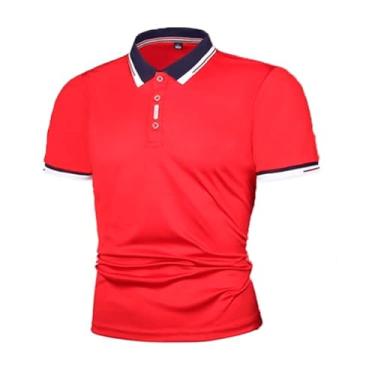 Imagem de BAFlo Nova camiseta masculina com contraste de cores e patchwork, camisa polo masculina de manga curta, Vermelho, P