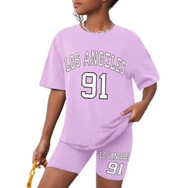 Imagem de CRISONE Roupas de verão para meninas, camiseta com estampa gráfica + shorts de motociclista, conjunto de 2 peças, 7 a 14 anos, Roxo lilás, 7-8 Anos