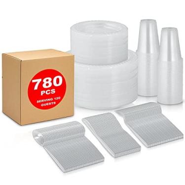 Imagem de Conjunto de talheres transparentes descartáveis para 120 convidados da Framo, 780 peças, conjunto de louça de plástico para micro-ondas com 120 pratos de 23 cm, 180 pratos de sobremesa de 15 cm, 120 copos de 255 g, 120 colheres, 120 garfos, 120 facas,