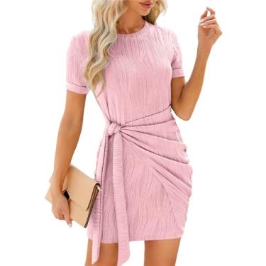 Imagem de Vestidos de verão para mulheres 2024 casual manga curta franzido vestido camiseta gravata cintura vestidos de sol, rosa, G