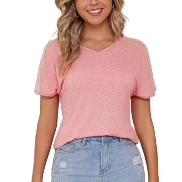 Imagem de SDEER Camiseta feminina casual de verão gola V com pontos suíços de renda, manga curta, caimento solto, rosa, XXG