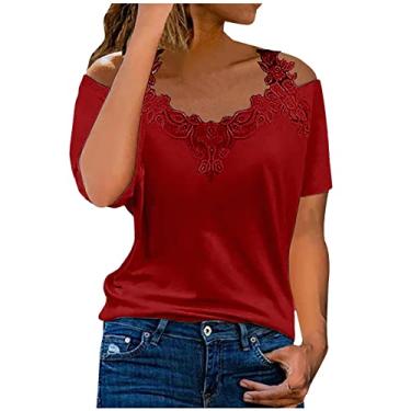 Imagem de Lainuyoah Camisetas femininas gola V com acabamento em renda e manga curta, estampa floral, casual, boêmio, verão, Vermelho A, XXG