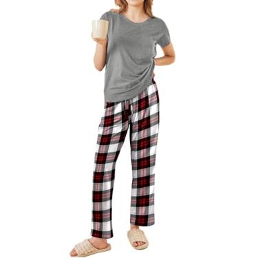 Imagem de Ekouaer Conjunto de pijama feminino, 2 peças, macio, manga curta, pijama feminino, Xadrez vermelho-branco vinho, P