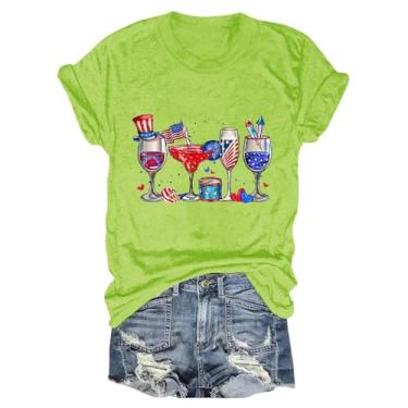 Imagem de Camisetas femininas de 4 de julho com bandeira americana, taças de vinho, blusa de manga curta, gola redonda, solta, patriótica, túnica, Amarelo, M