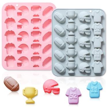 Imagem de Pacote com 2 moldes de silicone com tema de futebol americano, 20 cavidades 3D de rúgbi capacete de time de futebol de rúgbi, troféu, faça você mesmo, bandeja de silicone para bolo, ferramentas de
