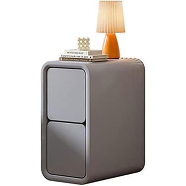 Imagem de Mesa de cabeceira pequena com 2 gavetas Mesa de cabeceira ultra estreita moderna em couro de microfibra totalmente embrulhada + sofá de madeira maciça Armário de armazenamento de mesa latera