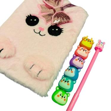 Imagem de Kit de Papelaria Kawaii com Caderno de Pelúcia, Marca-Texto de Bichinhos e Caneta Fofa - Modelos e Cores Sortidas, Presente para Meninas, adolescentes, Mulheres, Dia das Crianças, Aniversário, Natal