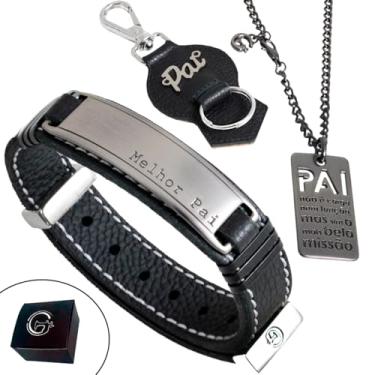 Imagem de GRANADO ACESSÓRIOS, Kit 3 Presente PAIS - Pulseira de Couro Preto MELHOR PAI com Fecho Strap Plug Ajustável e Colar de Aço Inoxidável - AM