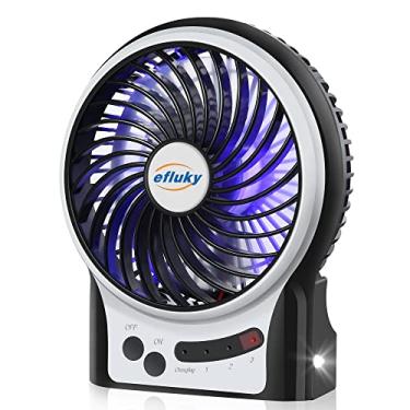 Imagem de efluky Mini ventilador de mesa de 12 cm - 3 velocidades, bateria recarregável/alimentado por USB com luz LED, ventilador portátil silencioso para casa, escritório, viagens, acampamento (preto)