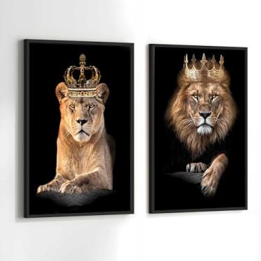 Imagem de Conjunto Quadros Decorativos com Moldura Leão e Leoa Família Coroa Kit 2 Quadros 40x60 Decoração