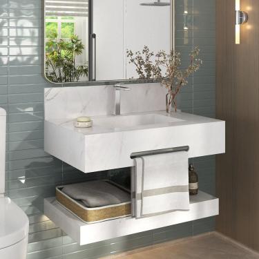 Imagem de Bancada de Porcelanato para Banheiro com Toalheiro e Cuba Esculpida 70cm Ripy Calacata