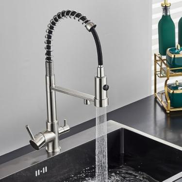 Imagem de Torneira de cozinha cromada com filtro, torneira de cozinha de água pura, alça dupla, torneiras misturadoras de cozinha purificadas, níquel escovado