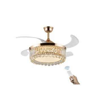 Imagem de Ventilador Teto Retrátil Lustre Cristal Led Dourado Controle Remoto - 