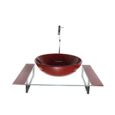 Imagem de Kit cuba de vidro redonda com tampo 60cm vermelho cereja e suporte tor