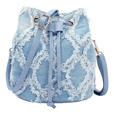 Imagem de Bolsa feminina jeans bolsa tiracolo com cordão acolchoado com borla envelhecida Hobo, Azul 2, One Size