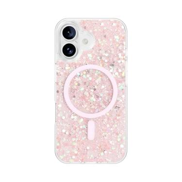 Imagem de QOVOC Capa para iPhone 16, glitter transparente compatível com MagSafe, capa magnética para iPhone 16, capa protetora feminina, glitter rosa [Andromeda]