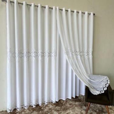 Imagem de Cortina Para Varão De Linho Bordado Guipir Com Forro Microfibra 3,00x2