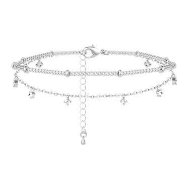 Imagem de Poxtex Tornozeleira feminina de prata esterlina à prova d'água, zircônia cúbica 925 banhada a prata e pingente de coração, tornozeleiras delicadas para mulheres, conjunto de tornozeleiras de corrente