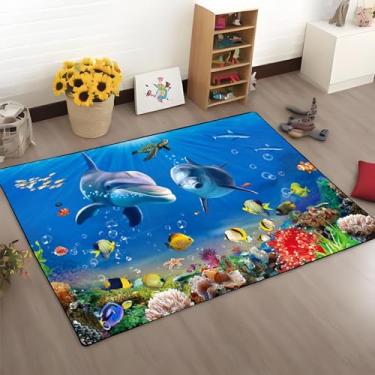 Imagem de Tapete antiderrapante com estampa de tartarugas golfinhos azuis, praia, oceano, azul-petróleo, tema marinho, tapete antiderrapante, quarto, sala de estar, sofá, berçário, decoração (mar-4, 100 cm x