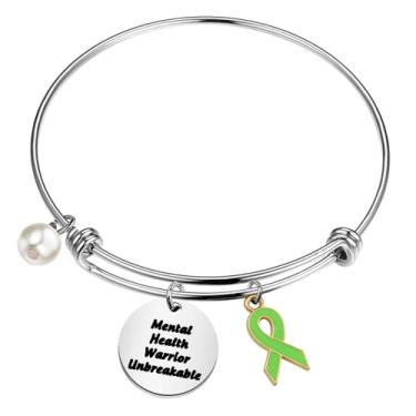 Imagem de LQRI Guerreiro da saúde mental presente inquebrável fita verde conscientização pulseira fita verde presente presente de conscientização combate doenças presente, 6 to 7 inches, Aço inoxidável, aço