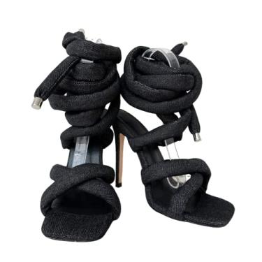 Imagem de Frankie Hsu Sandália feminina de luxo com cadarço na perna no tornozelo, corrente de elos dourados, tiras de PVC transparente, bico redondo, salto alto, Blackjeans, 34