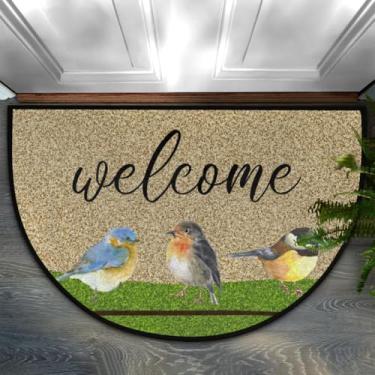Imagem de YoCosy Tapete de porta meio redondo, tapete de entrada interna, marrom, verde, vintage, colorido, animal, pássaro, capacho antiderrapante, tapete de boas-vindas para porta da frente, lavável,