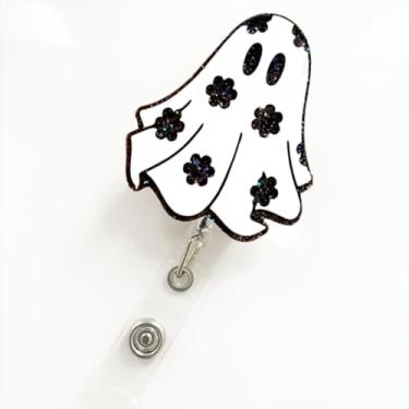 Imagem de Carretel de crachá engraçado de fantasma floral de Halloween para crachá de identidade, porta-crachá assustador retrátil acessórios de clipe de jacaré para enfermeira, trabalhadora médica, estudante