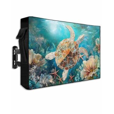 Imagem de DOME-SPACE Capa de TV retrô de tartaruga marinha animal marinho para televisões de tela plana externa, coral submarino, estrela-do-mar, protetor de tela de TV à prova de intempéries com zíper para