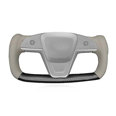 Imagem de MEWANT Capa para volante de carro em fibra de carbono fosca costurada à mão + couro genuíno cinza para Tesla Yoke Model S Plaid 2021-2023 / Model X 2021-2023 Acessórios de volante para Tesla Yoke