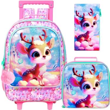 Imagem de gxtvo Mochila com rodinhas para meninas, linda mochila infantil com rodas de cervo - bolsa de escola primária com rodas - 3 peças de cervo, Mochila com rodinhas Uv Printing Clouds Sika Deer, One Size,