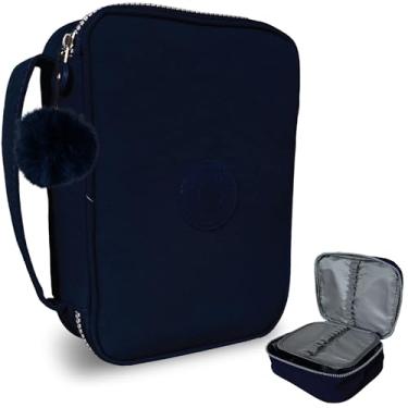 Imagem de Genérico Bolsa Escolar Estojo Box Grande 100 Lápis Nylon Com 25 Elásticos Azul Escuro com Pompom