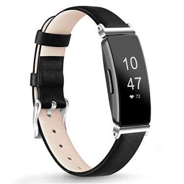 Imagem de Pulseiras de couro AK compatíveis com Fitbit Inspire HR/Inspire/Ace 2 Fitness Tracker Pulseiras de couro esportivo macias Pulseiras clássicas de substituição para mulheres homens, Preto, 5.3"–8.0"