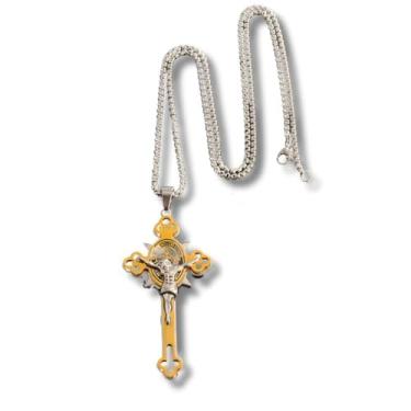 Imagem de Colar Masculino Religioso "Jesus Way" em Aço Inoxidável com Crucifixo – Fé, Proteção e Estilo – Acompanha Bolsa de Veludo